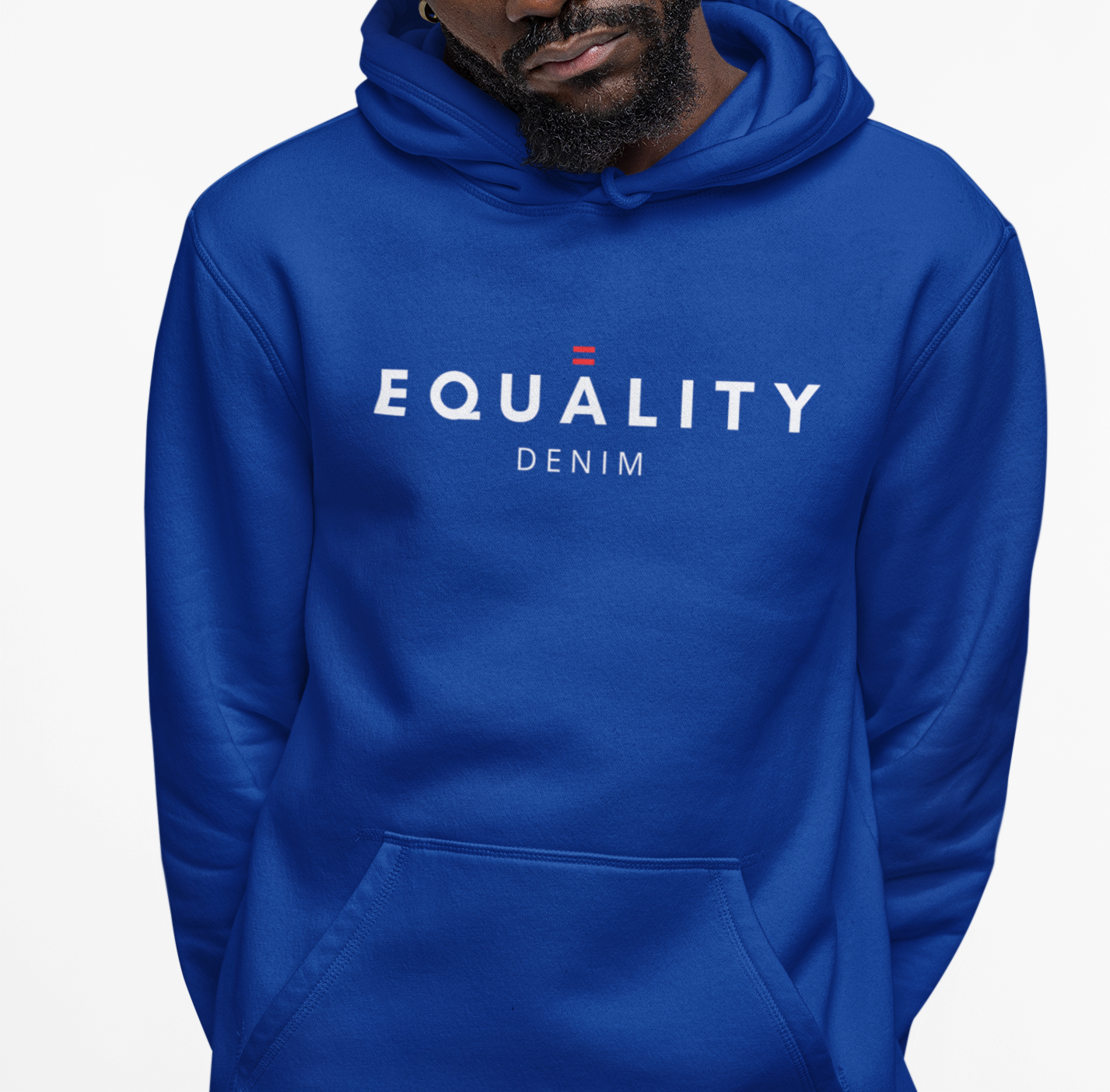 A man wearing a blue custom hoodie