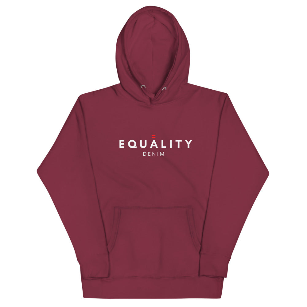 A maroon Equality Denim hoodie